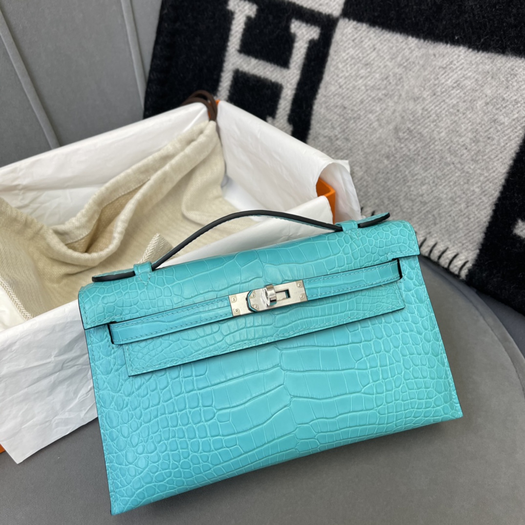 에르메스 켈리 포쉐트 블루 은장 악어가죽